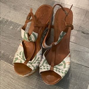 Aldo Brown Leather & Printed Canvas Wedge Sandals with Green Accent